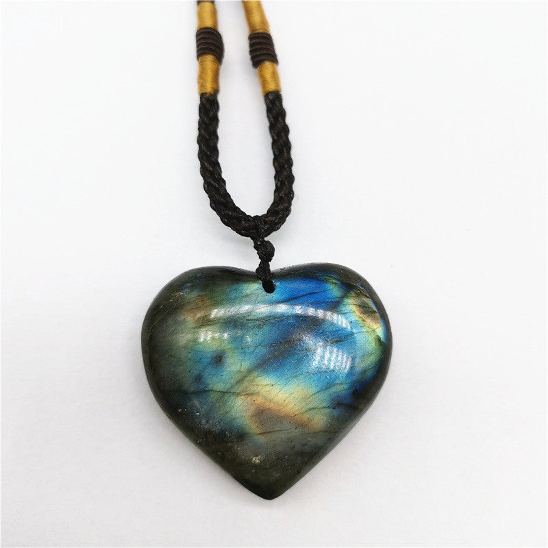 Collier pendentif en pierre de lune naturelle labradorite, cœur d'amour, océan