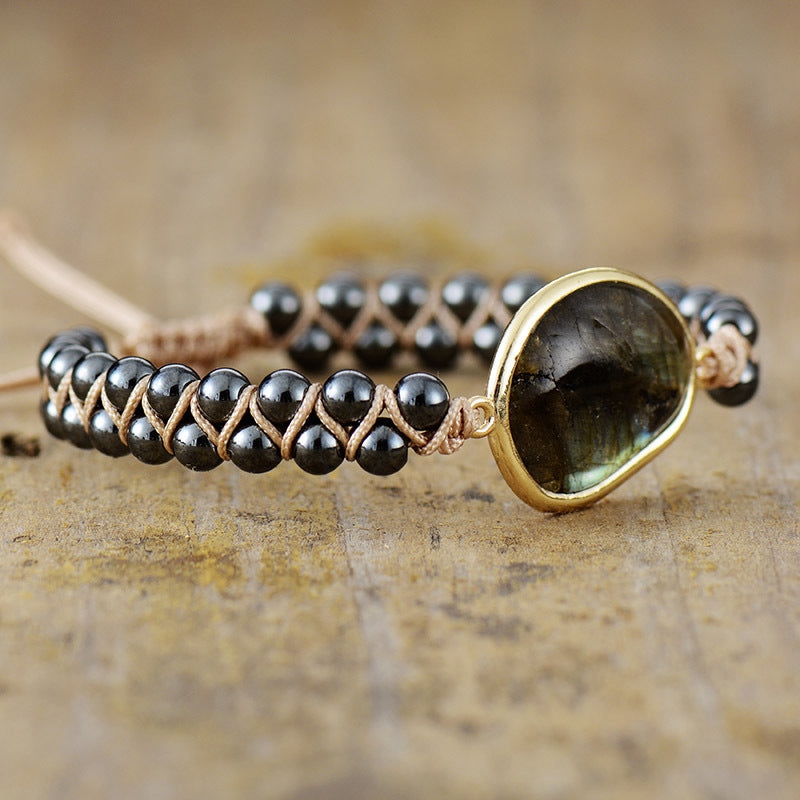 Bracelet de perles bohèmes doublement tressées en labradorite