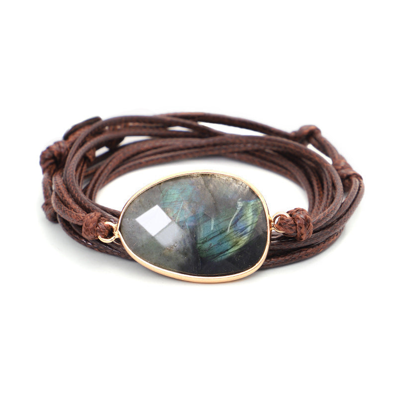 Bracelet en fil de cire tissé à la main avec plusieurs cercles en labradorite