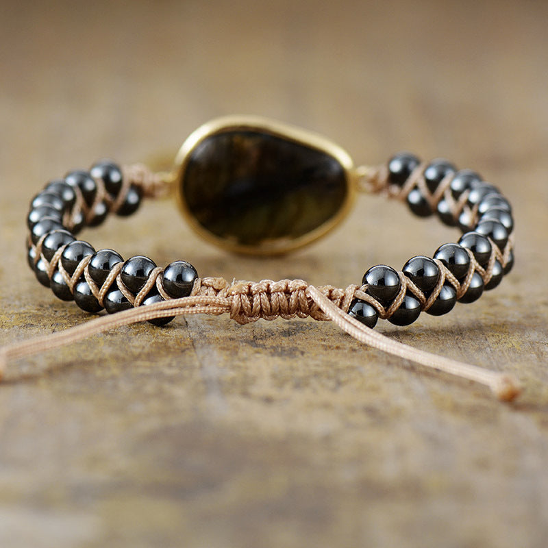 Bracelet de perles bohèmes doublement tressées en labradorite