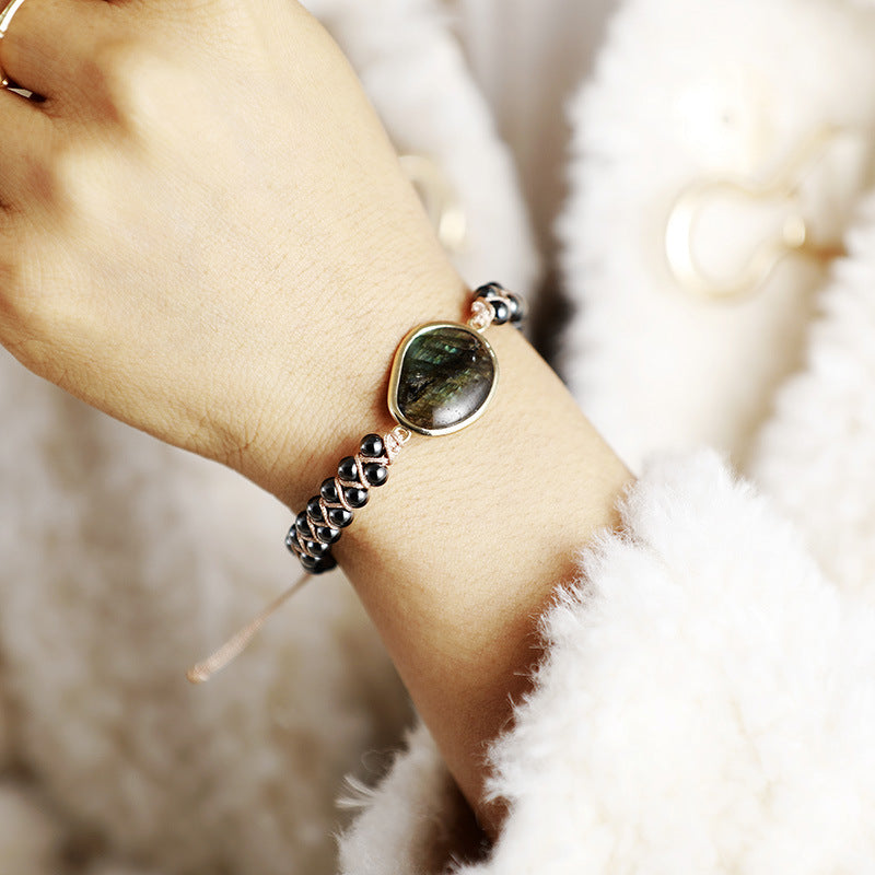 Bracelet de perles bohèmes doublement tressées en labradorite