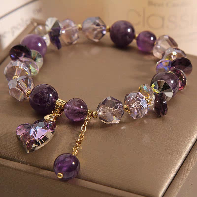 Bracelet en cristal cœur violet, bijou élégant et tendance en améthyste naturelle