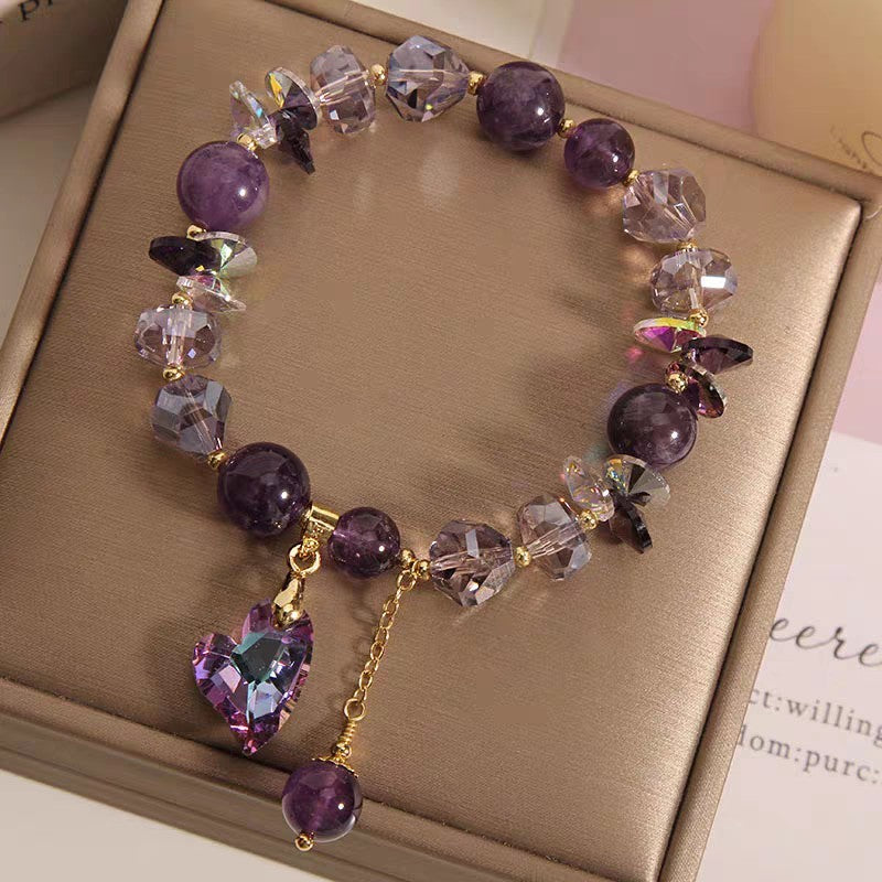Bracelet en cristal cœur violet, bijou élégant et tendance en améthyste naturelle