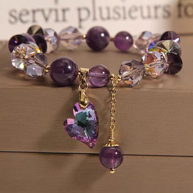 Bracelet en cristal cœur violet, bijou élégant et tendance en améthyste naturelle