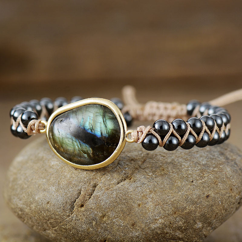 Bracelet de perles bohèmes doublement tressées en labradorite