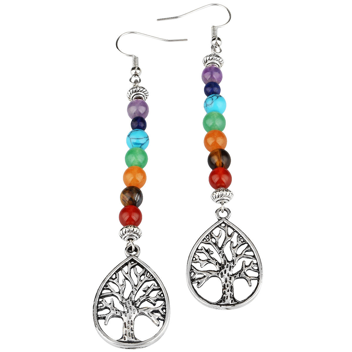 Boucles d'oreilles en alliage à motif arbre de vie et pierres de cristal naturelles