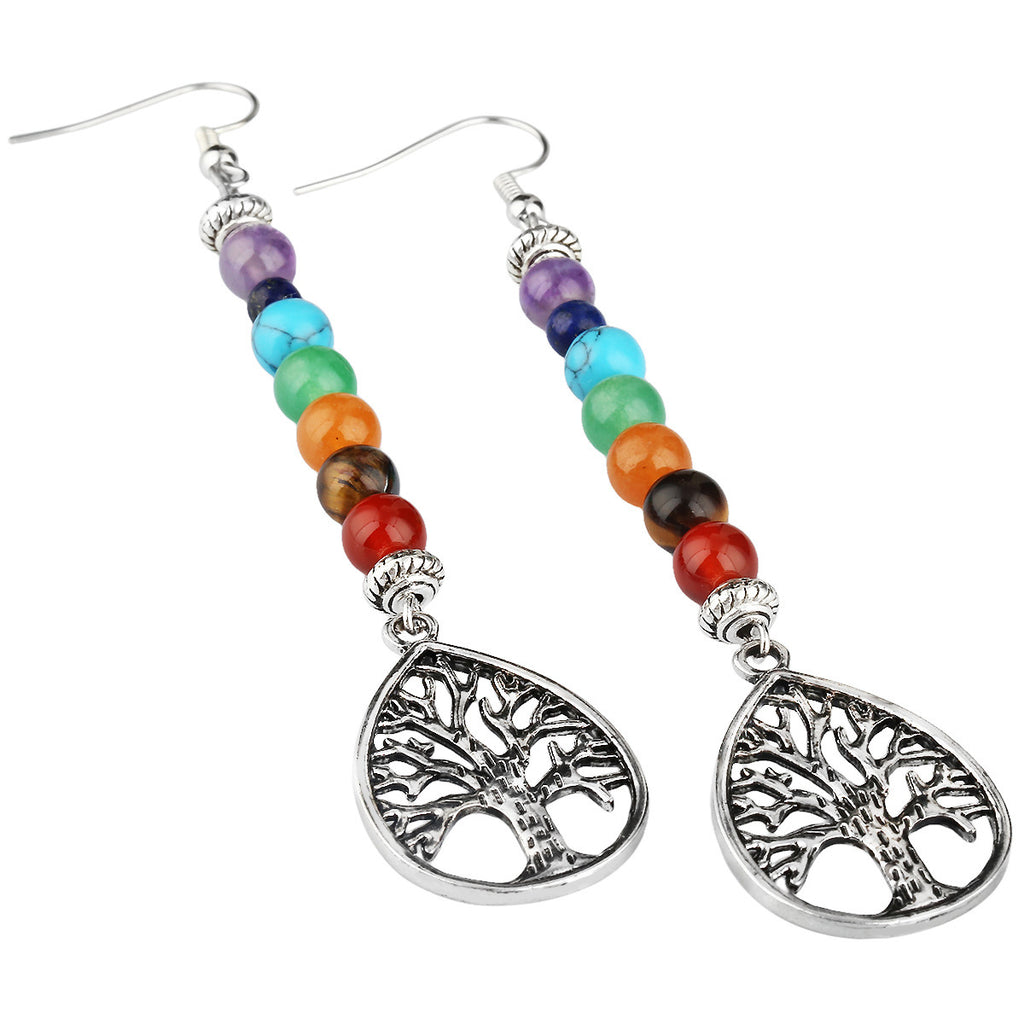 Boucles d'oreilles en alliage à motif arbre de vie et pierres de cristal naturelles