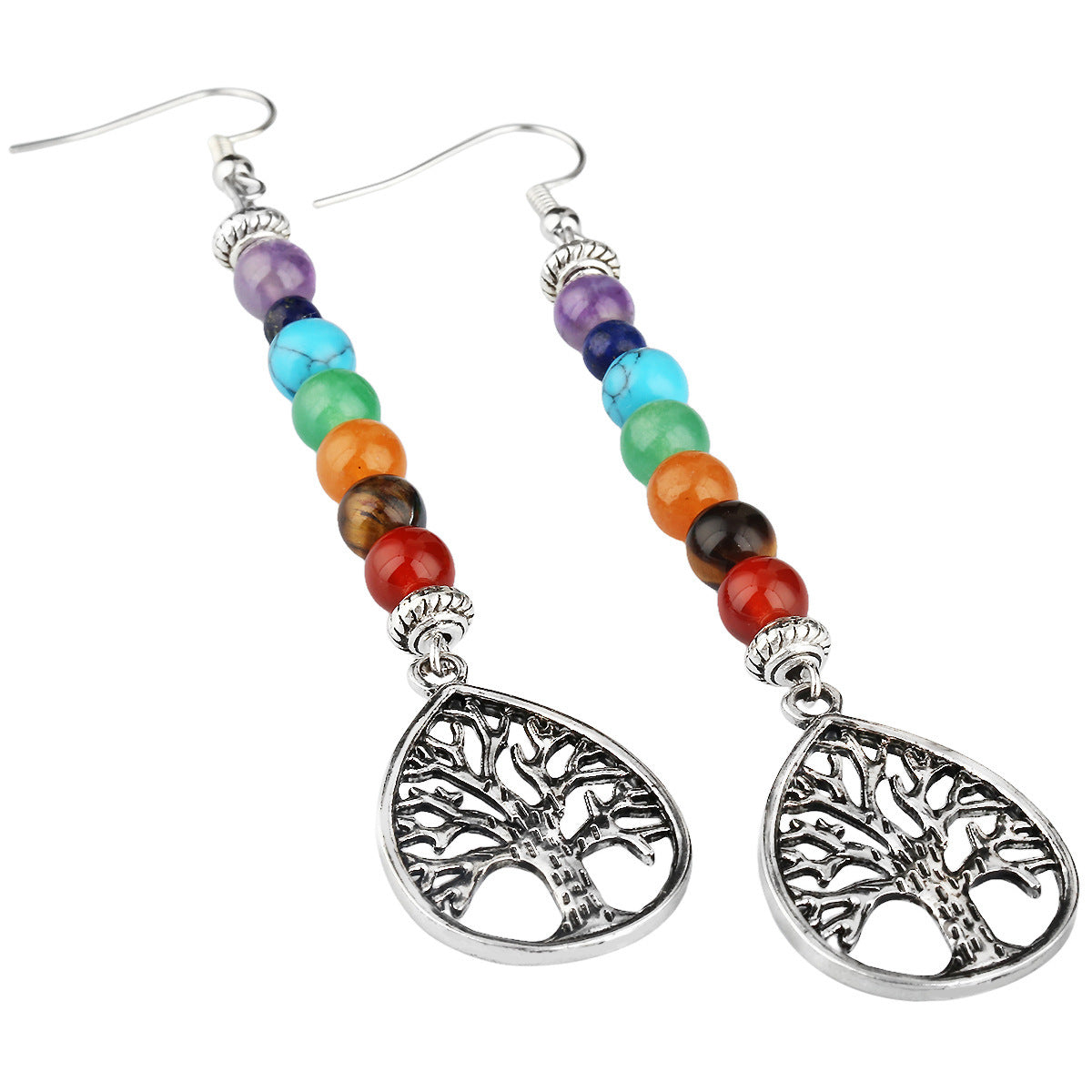 Boucles d'oreilles en alliage à motif arbre de vie et pierres de cristal naturelles