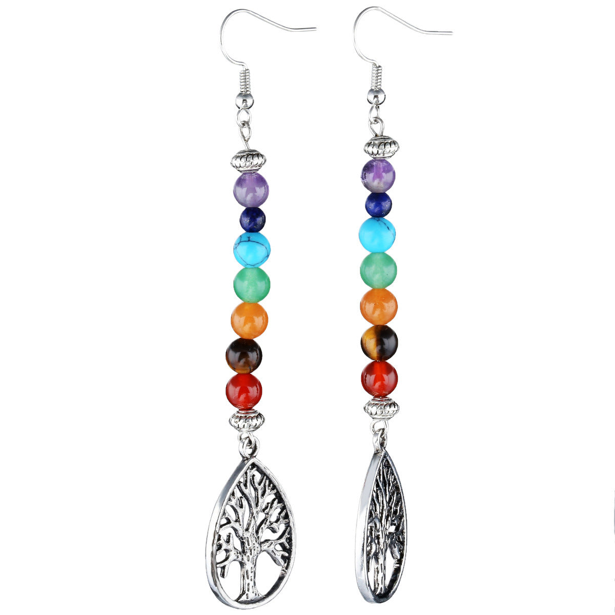 Boucles d'oreilles en alliage à motif arbre de vie et pierres de cristal naturelles